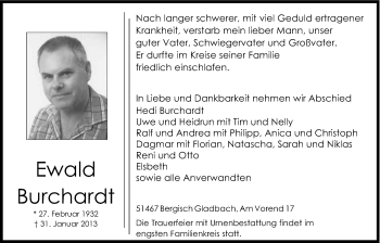 Anzeige von Ewald Burchardt von Kölner Stadt-Anzeiger / Kölnische Rundschau / Express