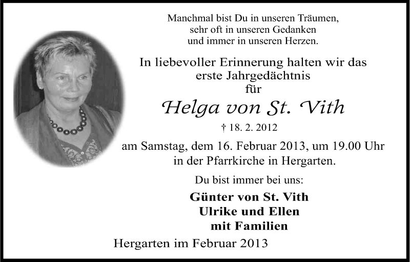  Traueranzeige für Helga von St. Vith vom 06.02.2013 aus Kölner Stadt-Anzeiger / Kölnische Rundschau / Express