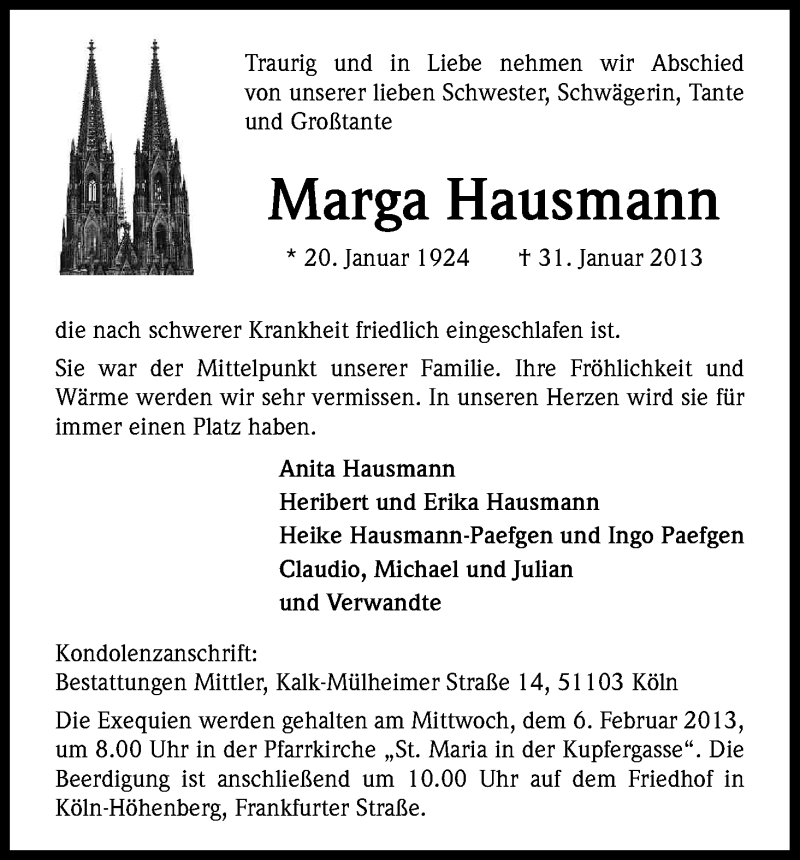  Traueranzeige für Marga Hausmann vom 04.02.2013 aus Kölner Stadt-Anzeiger / Kölnische Rundschau / Express