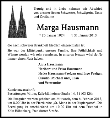 Anzeige von Marga Hausmann von Kölner Stadt-Anzeiger / Kölnische Rundschau / Express