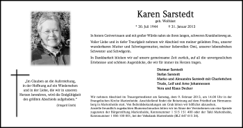 Anzeige von Karin Sarstedt von Kölner Stadt-Anzeiger / Kölnische Rundschau / Express