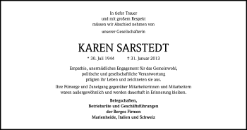 Anzeige von Karin Sarstedt von Kölner Stadt-Anzeiger / Kölnische Rundschau / Express
