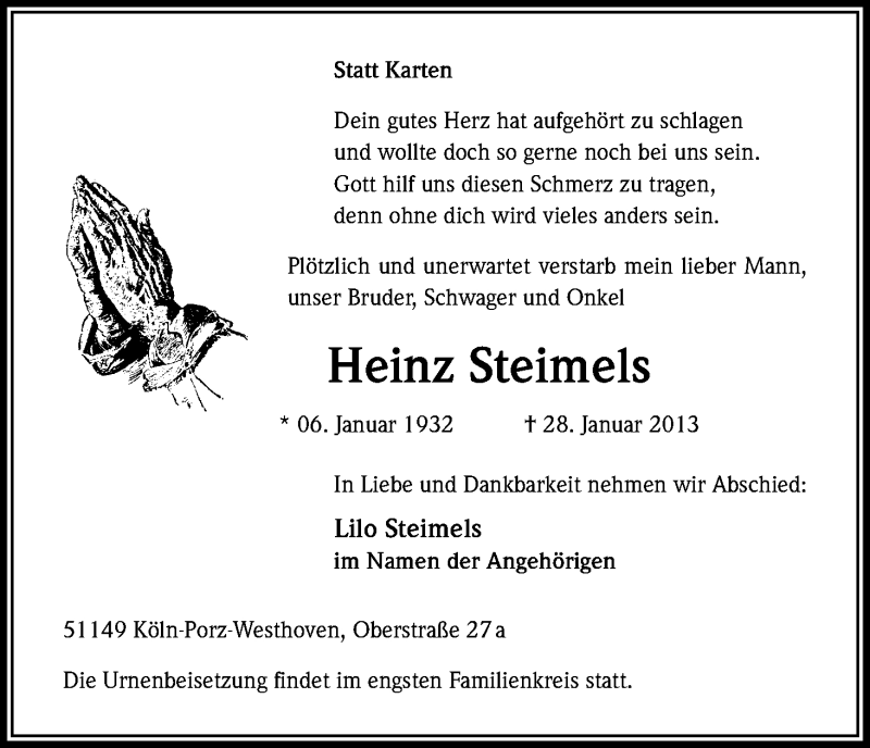  Traueranzeige für Heinz Steimels vom 04.02.2013 aus Kölner Stadt-Anzeiger / Kölnische Rundschau / Express
