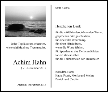 Anzeige von Achim Hahn von Kölner Stadt-Anzeiger / Kölnische Rundschau / Express