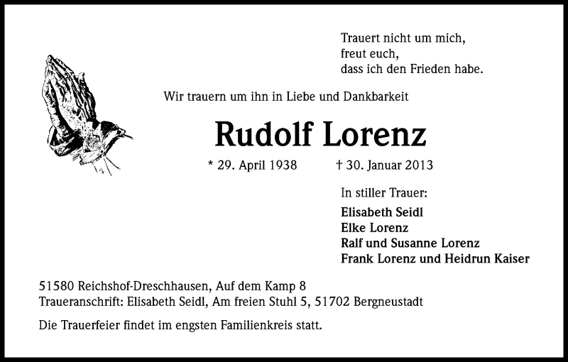  Traueranzeige für Rudolf Lorenz vom 04.02.2013 aus Kölner Stadt-Anzeiger / Kölnische Rundschau / Express