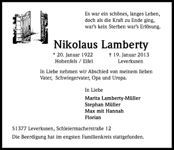 Anzeige von Nikolaus Lamberty von Kölner Stadt-Anzeiger / Kölnische Rundschau / Express
