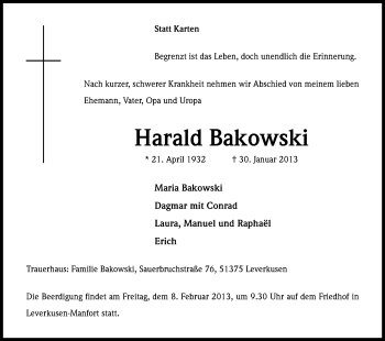 Anzeige von Harald Bakowski von Kölner Stadt-Anzeiger / Kölnische Rundschau / Express