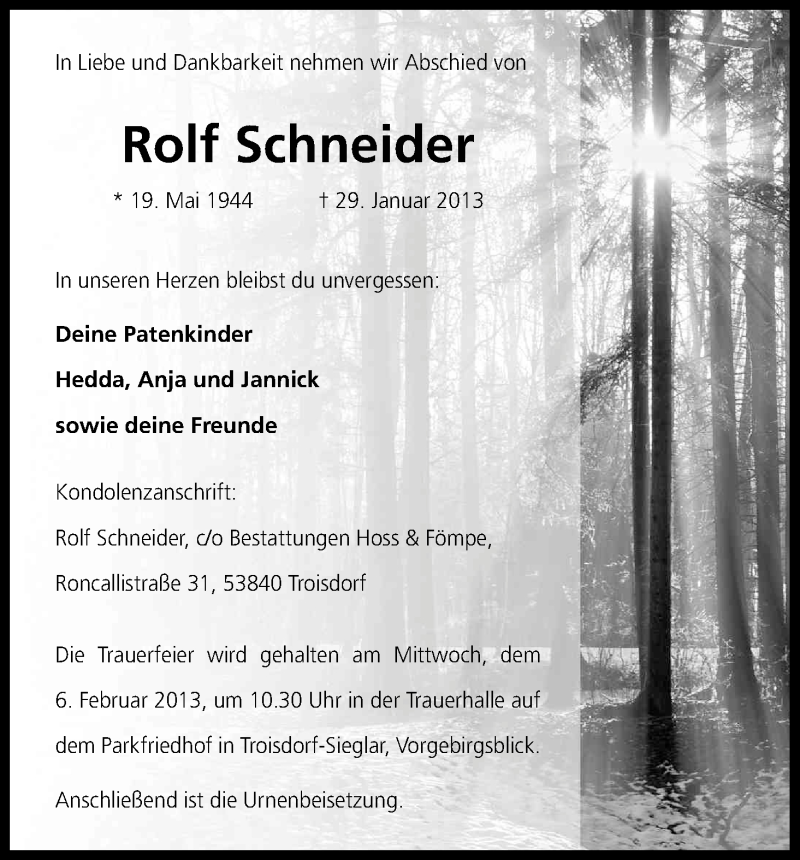  Traueranzeige für Rolf Schneider vom 04.02.2013 aus Kölner Stadt-Anzeiger / Kölnische Rundschau / Express