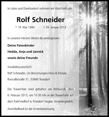 Anzeige von Rolf Schneider von Kölner Stadt-Anzeiger / Kölnische Rundschau / Express