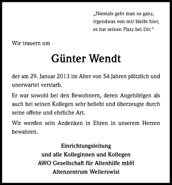 Anzeige von Günter Wendt von Kölner Stadt-Anzeiger / Kölnische Rundschau / Express