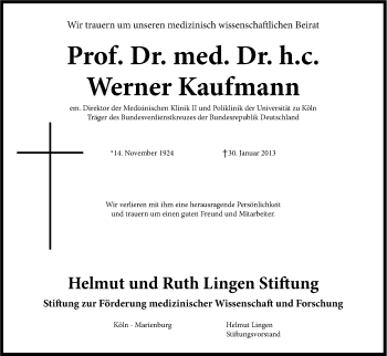 Anzeige von Werner Kaufmann von Kölner Stadt-Anzeiger / Kölnische Rundschau / Express