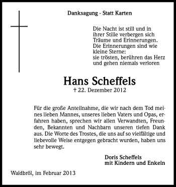Anzeige von Hans Scheffels von Kölner Stadt-Anzeiger / Kölnische Rundschau / Express