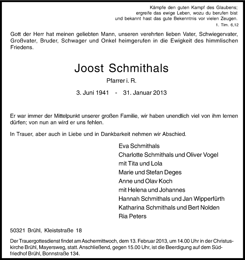  Traueranzeige für Joost Schmithals vom 06.02.2013 aus Kölner Stadt-Anzeiger / Kölnische Rundschau / Express