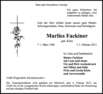 Anzeige von Marlies Fackiner von Kölner Stadt-Anzeiger / Kölnische Rundschau / Express