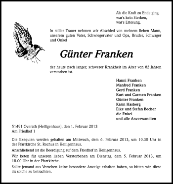 Anzeige von Günter Franken von Kölner Stadt-Anzeiger / Kölnische Rundschau / Express