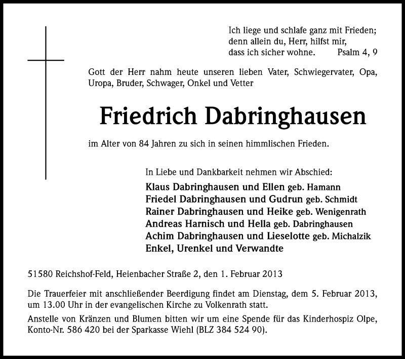  Traueranzeige für Friedrich Dabringhausen vom 04.02.2013 aus Kölner Stadt-Anzeiger / Kölnische Rundschau / Express