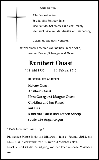 Anzeige von Kunibert Quast von Kölner Stadt-Anzeiger / Kölnische Rundschau / Express