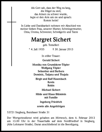 Anzeige von Margret Sichert von Kölner Stadt-Anzeiger / Kölnische Rundschau / Express