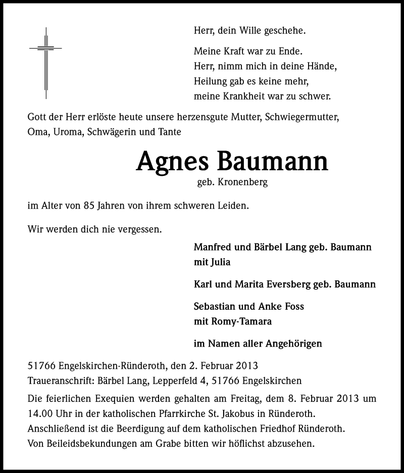  Traueranzeige für Agnes Baumann vom 05.02.2013 aus Kölner Stadt-Anzeiger / Kölnische Rundschau / Express