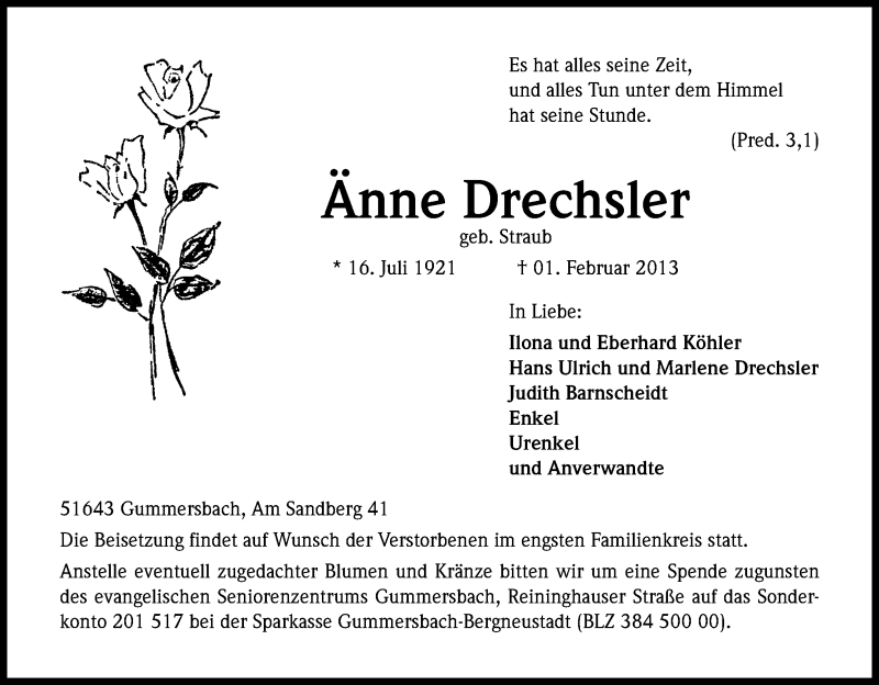  Traueranzeige für Änne Drechsler vom 05.02.2013 aus Kölner Stadt-Anzeiger / Kölnische Rundschau / Express