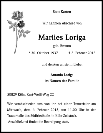 Anzeige von Marlies Loriga von Kölner Stadt-Anzeiger / Kölnische Rundschau / Express