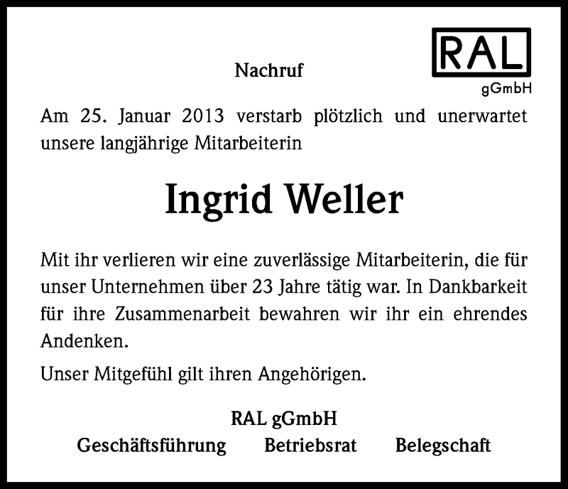  Traueranzeige für Ingrid Weller vom 05.02.2013 aus Kölner Stadt-Anzeiger / Kölnische Rundschau / Express