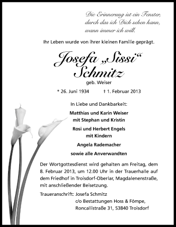 Anzeige von Josefa Schmitz von Kölner Stadt-Anzeiger / Kölnische Rundschau / Express