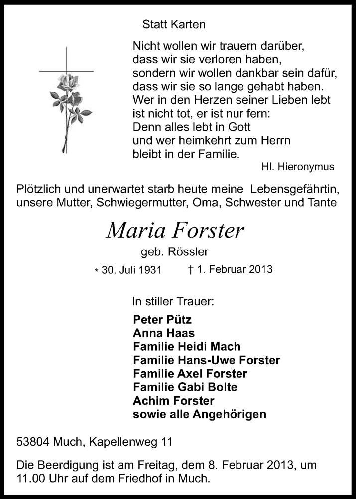  Traueranzeige für Maria Forster vom 06.02.2013 aus Kölner Stadt-Anzeiger / Kölnische Rundschau / Express