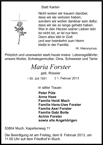 Anzeige von Maria Forster von Kölner Stadt-Anzeiger / Kölnische Rundschau / Express