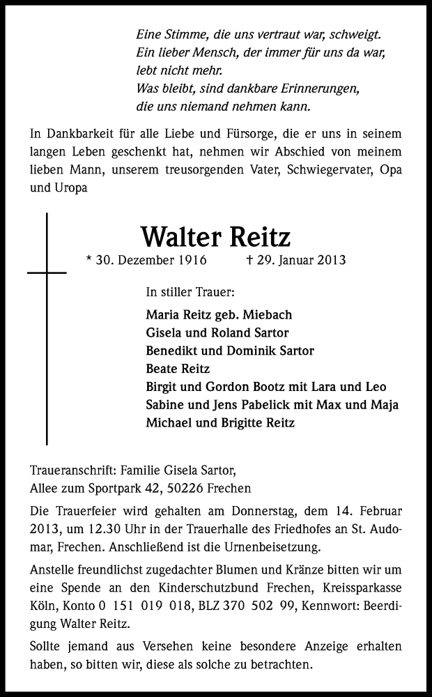  Traueranzeige für Walter Reitz vom 09.02.2013 aus Kölner Stadt-Anzeiger / Kölnische Rundschau / Express
