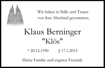 Anzeige von Klaus Berninger von Kölner Stadt-Anzeiger / Kölnische Rundschau / Express