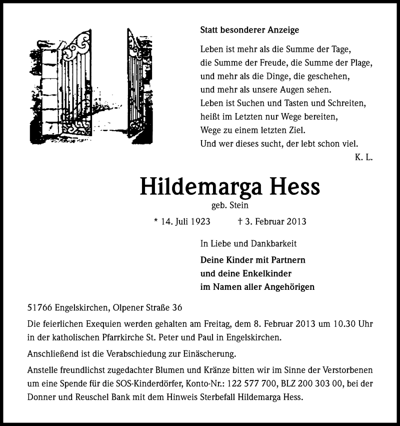  Traueranzeige für Hildemarga Hess vom 05.02.2013 aus Kölner Stadt-Anzeiger / Kölnische Rundschau / Express