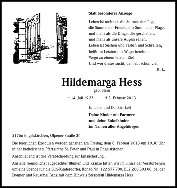 Anzeige von Hildemarga Hess von Kölner Stadt-Anzeiger / Kölnische Rundschau / Express