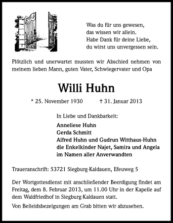 Anzeige von Willi Huhn von Kölner Stadt-Anzeiger / Kölnische Rundschau / Express