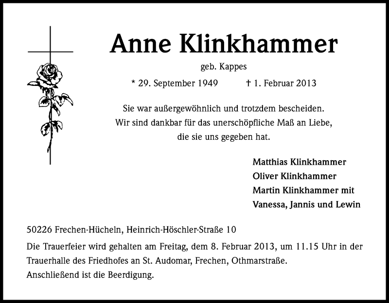  Traueranzeige für Anne Klinkhammer vom 06.02.2013 aus Kölner Stadt-Anzeiger / Kölnische Rundschau / Express