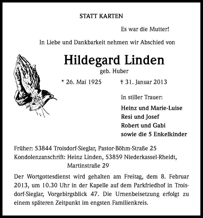  Traueranzeige für Hildegard Linden vom 05.02.2013 aus Kölner Stadt-Anzeiger / Kölnische Rundschau / Express