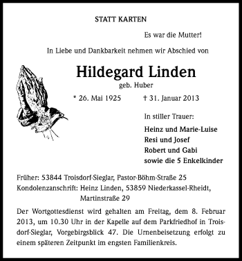 Anzeige von Hildegard Linden von Kölner Stadt-Anzeiger / Kölnische Rundschau / Express