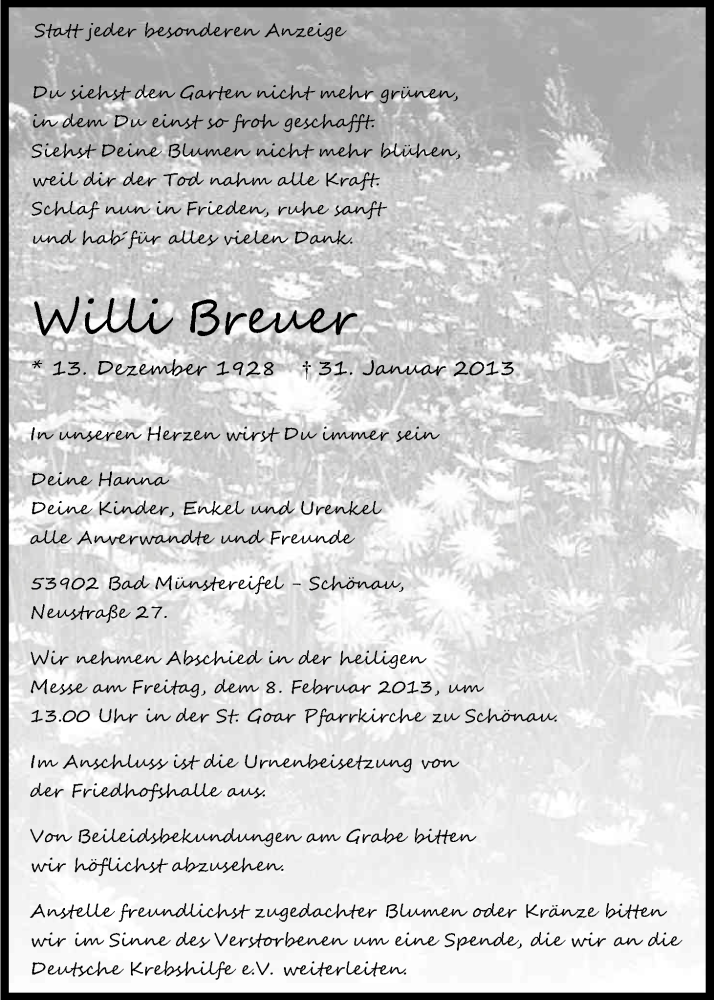 Traueranzeige für Willi Breuer vom 05.02.2013 aus Kölner Stadt-Anzeiger / Kölnische Rundschau / Express