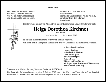 Anzeige von Helga Dorothea Kirchner von Kölner Stadt-Anzeiger / Kölnische Rundschau / Express