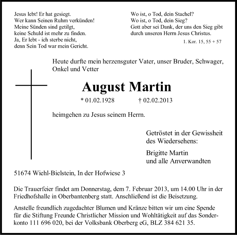  Traueranzeige für August Martin vom 05.02.2013 aus Kölner Stadt-Anzeiger / Kölnische Rundschau / Express