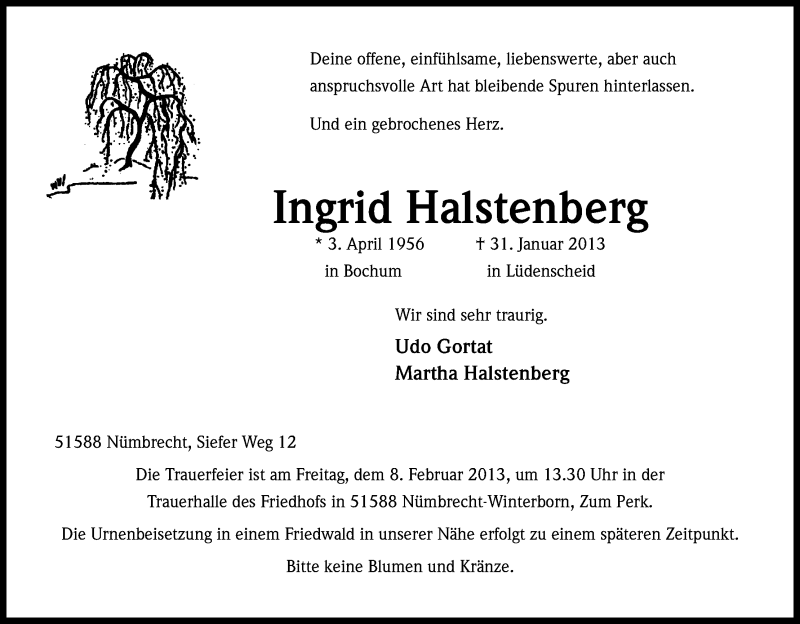  Traueranzeige für Ingrid Halstenberg vom 05.02.2013 aus Kölner Stadt-Anzeiger / Kölnische Rundschau / Express