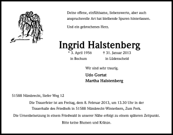 Anzeige von Ingrid Halstenberg von Kölner Stadt-Anzeiger / Kölnische Rundschau / Express