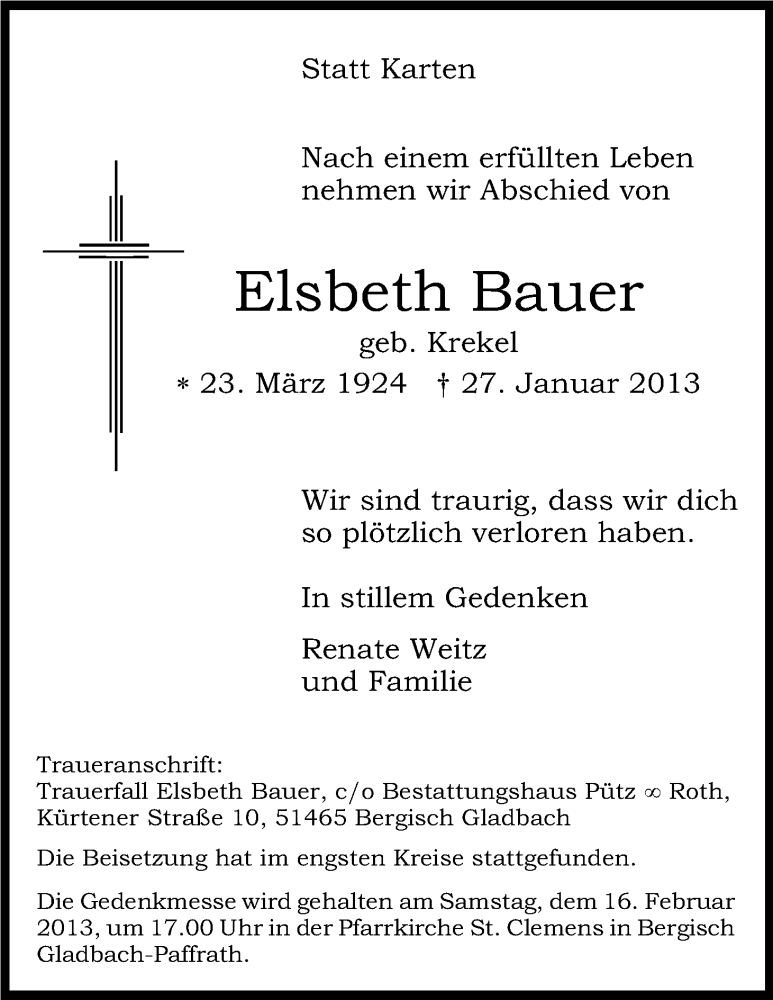 Traueranzeige für Elsbeth Bauer vom 06.02.2013 aus Kölner Stadt-Anzeiger / Kölnische Rundschau / Express