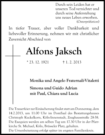 Anzeige von Alfons Jaksch von Kölner Stadt-Anzeiger / Kölnische Rundschau / Express