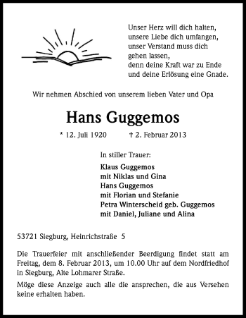 Anzeige von Hans Guggemos von Kölner Stadt-Anzeiger / Kölnische Rundschau / Express