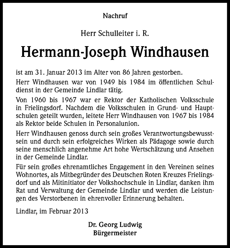  Traueranzeige für Hermann-Joseph Windhausen vom 05.02.2013 aus Kölner Stadt-Anzeiger / Kölnische Rundschau / Express