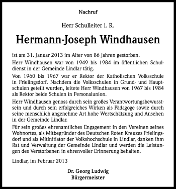 Anzeige von Hermann-Joseph Windhausen von Kölner Stadt-Anzeiger / Kölnische Rundschau / Express