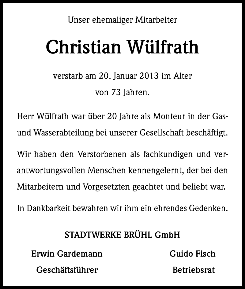  Traueranzeige für Christian Wülfrath vom 06.02.2013 aus Kölner Stadt-Anzeiger / Kölnische Rundschau / Express