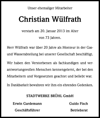Anzeige von Christian Wülfrath von Kölner Stadt-Anzeiger / Kölnische Rundschau / Express