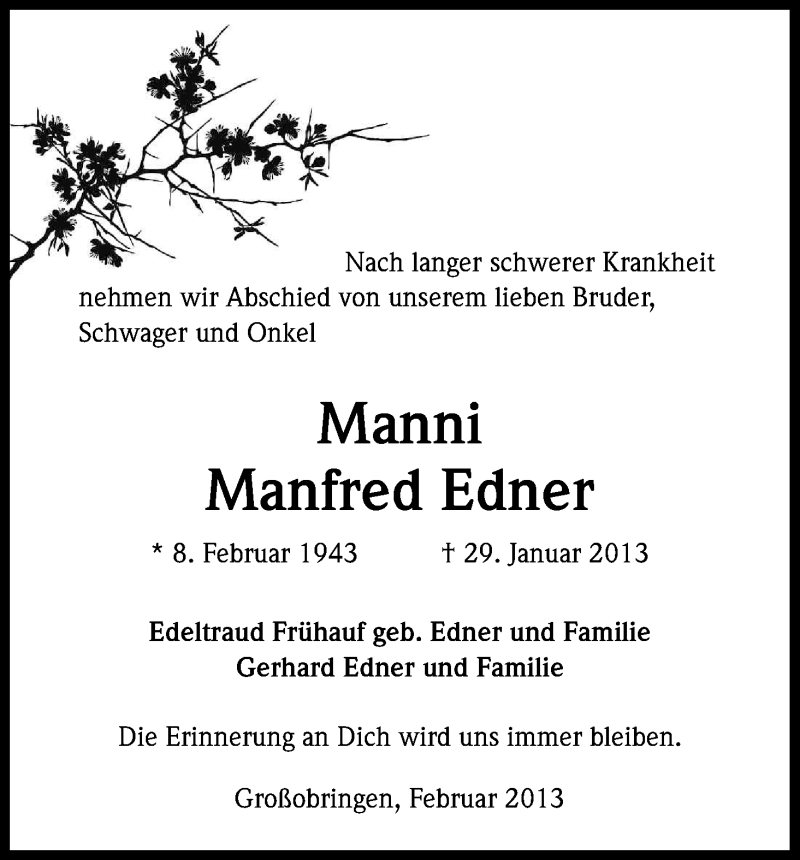  Traueranzeige für Manfred Edner vom 05.02.2013 aus Kölner Stadt-Anzeiger / Kölnische Rundschau / Express